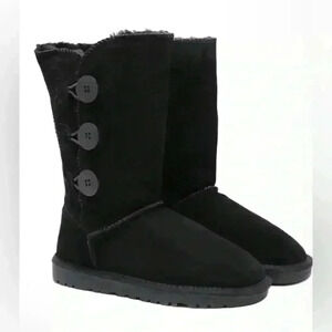 SMAIBULUN UGG SIDE BUTTON FAUX FUR-LINED LEATHER SUEDE BOOTS Size 6 Black Winter